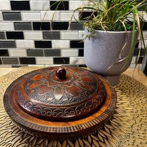 Polish Hand Carved Wood Trinket Box Dish Lid & Bowl Decorative Storage Container